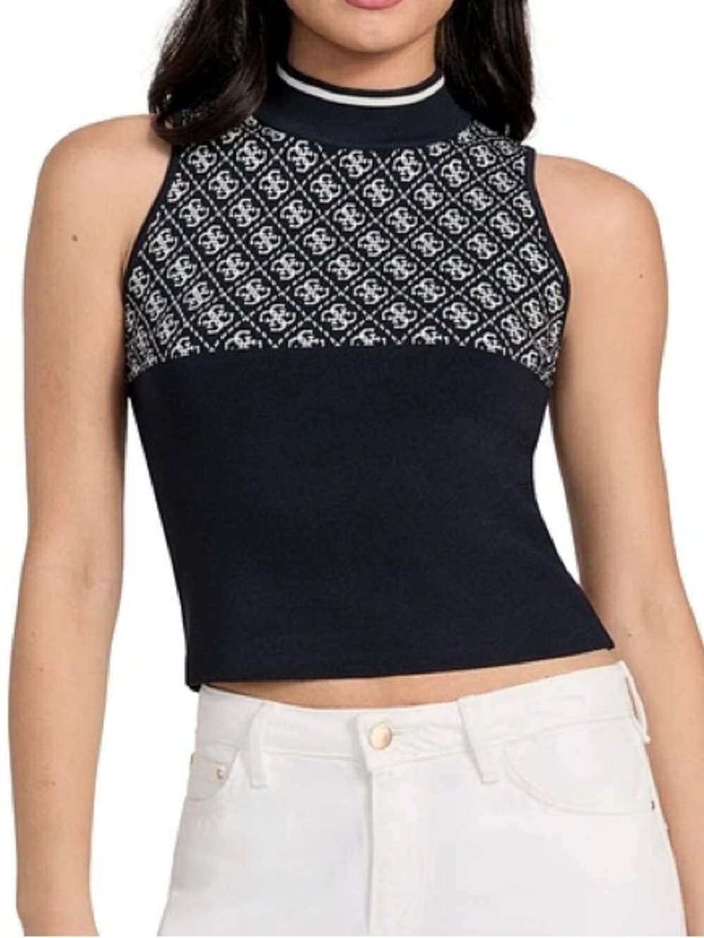 Guess Navy and White Patterned Halter Crop Tank